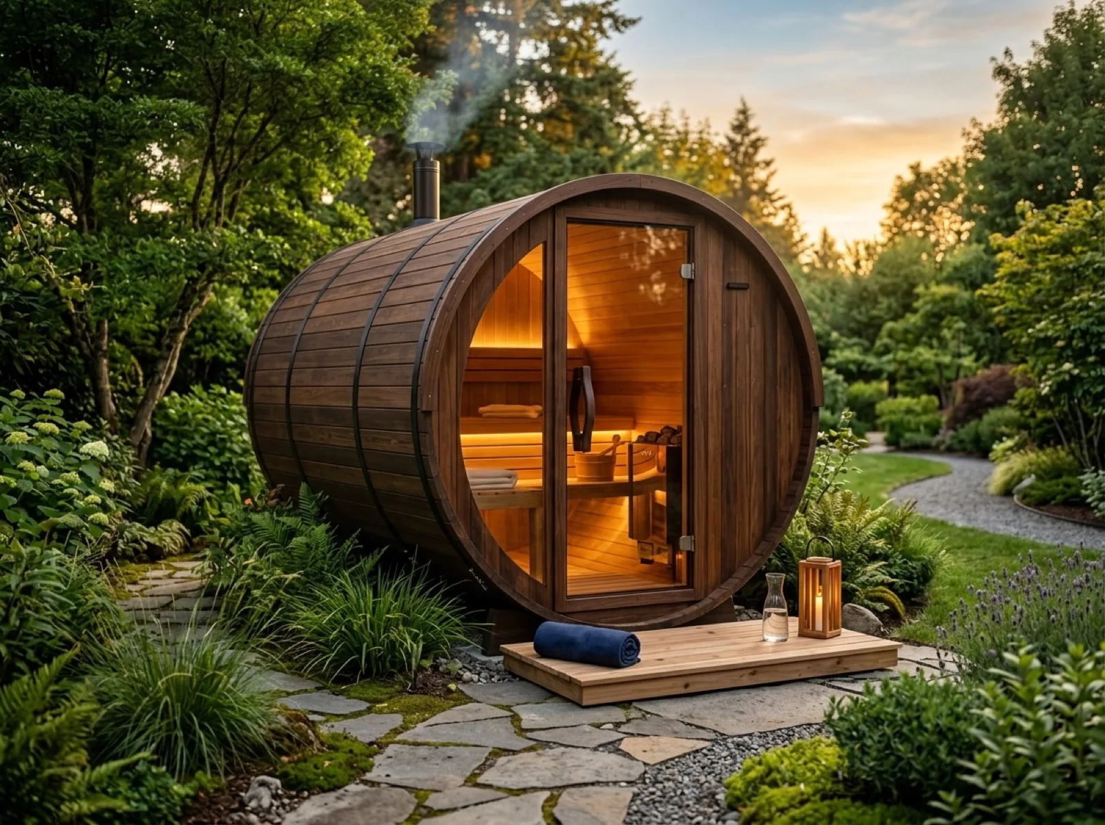 Bahçede fıçı sauna, taş yürüyüş yolu ve bacadan tüten duman