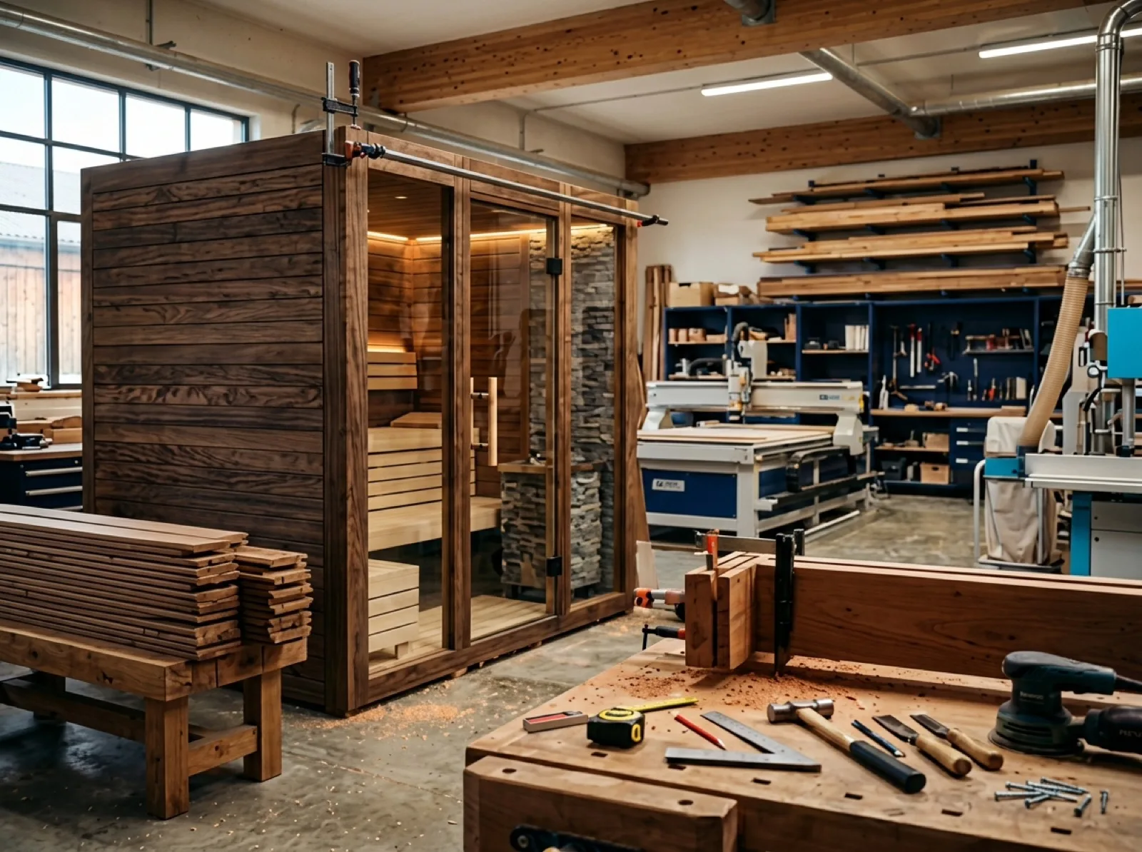 Atölyede sauna kabini montajı, tezgâh ve ahşap elemanlar
