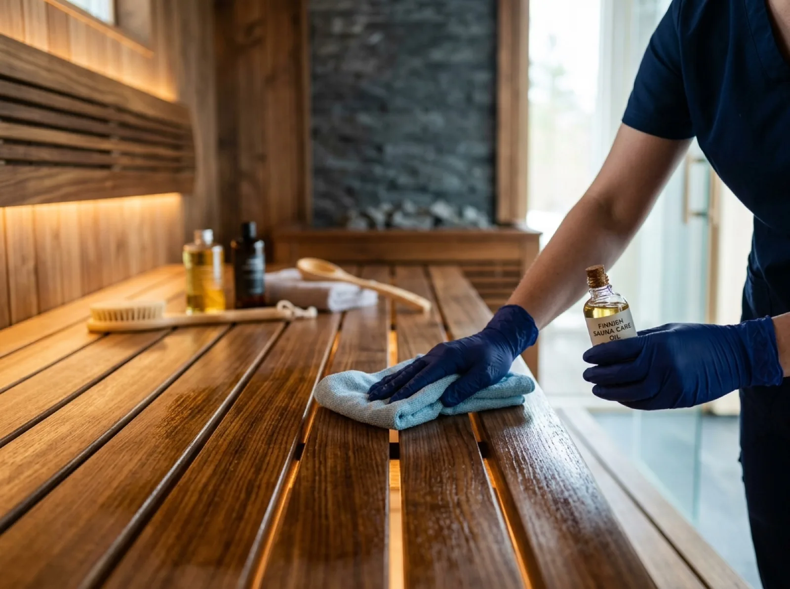 Eldivenli ellerle sauna bankına koruyucu yağ uygulaması