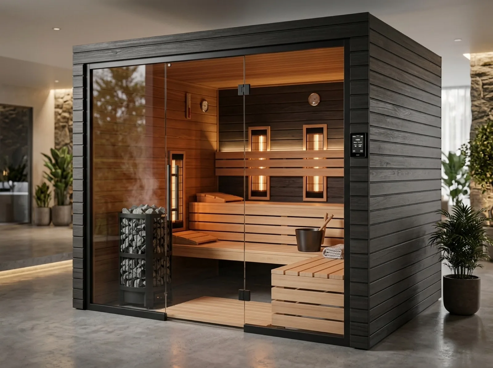 Hibrit sauna kabini, cam cephe ve iki ısı kaynaklı iç düzen