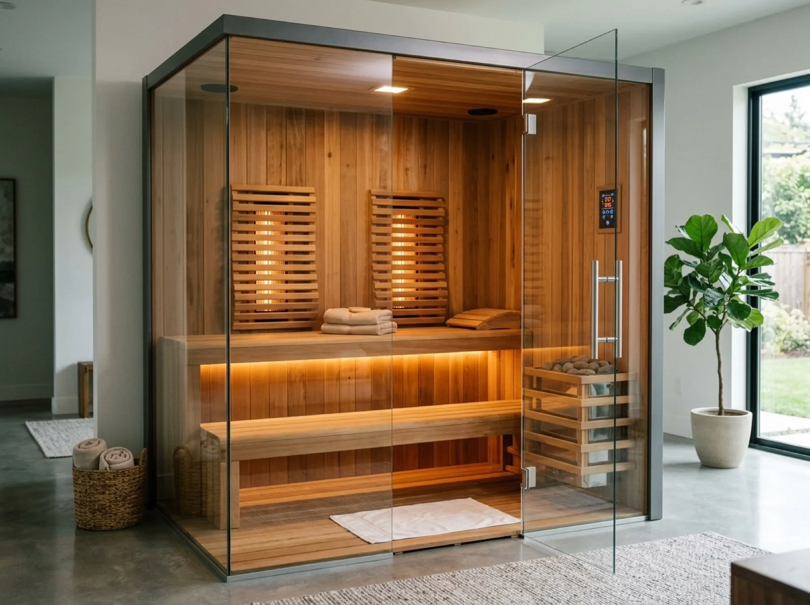 Kızılötesi sauna kabini, tam cam ön cephe ve ahşap iç
