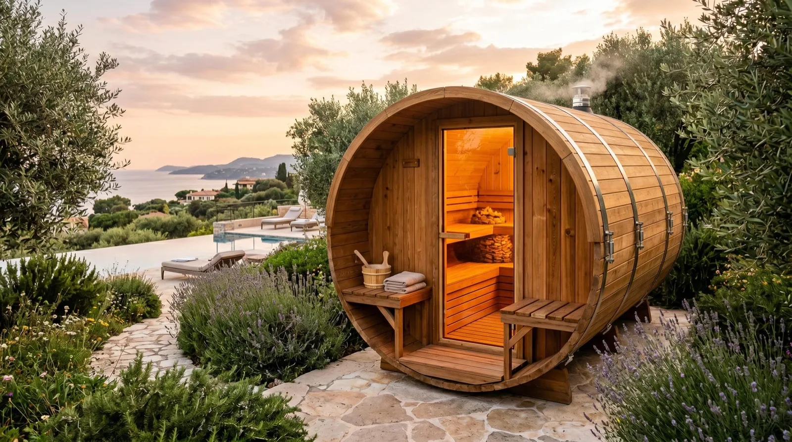 Bahçede fıçı sauna, deniz manzaralı taş peyzaj içinde