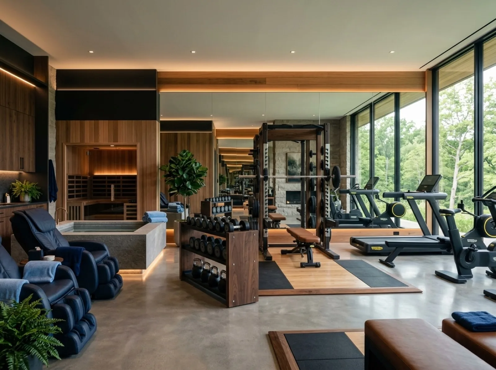 Wellness merkezinde fitness alanı, serbest ağırlık ve aletler