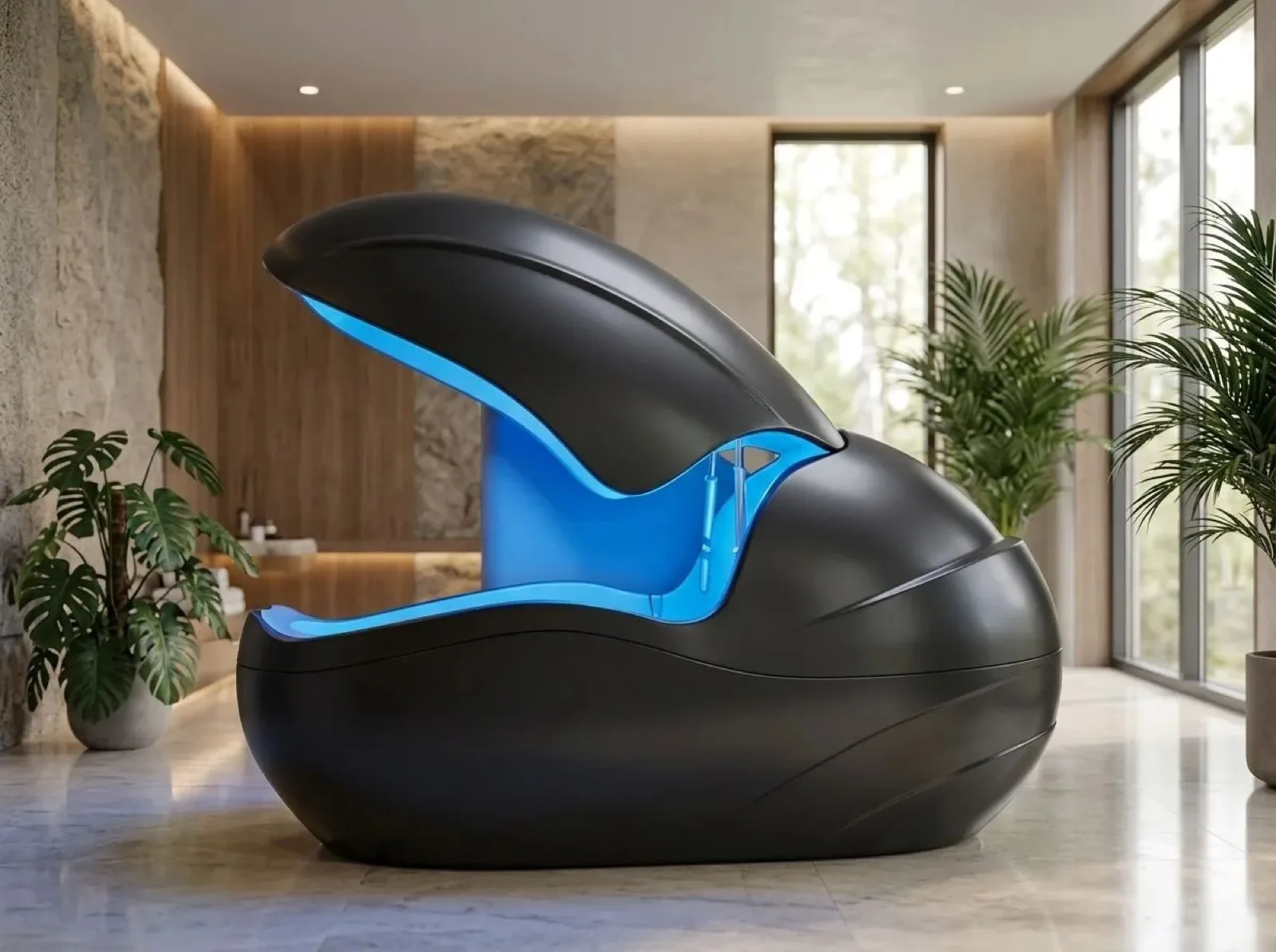 Floatpod flotasyon kapsülü, siyah kabuk ve mavi iç astar