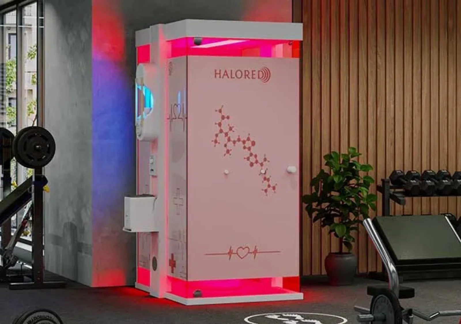 HaloRed kabin, spor salonunda pembe aydınlatmalı cam yüz