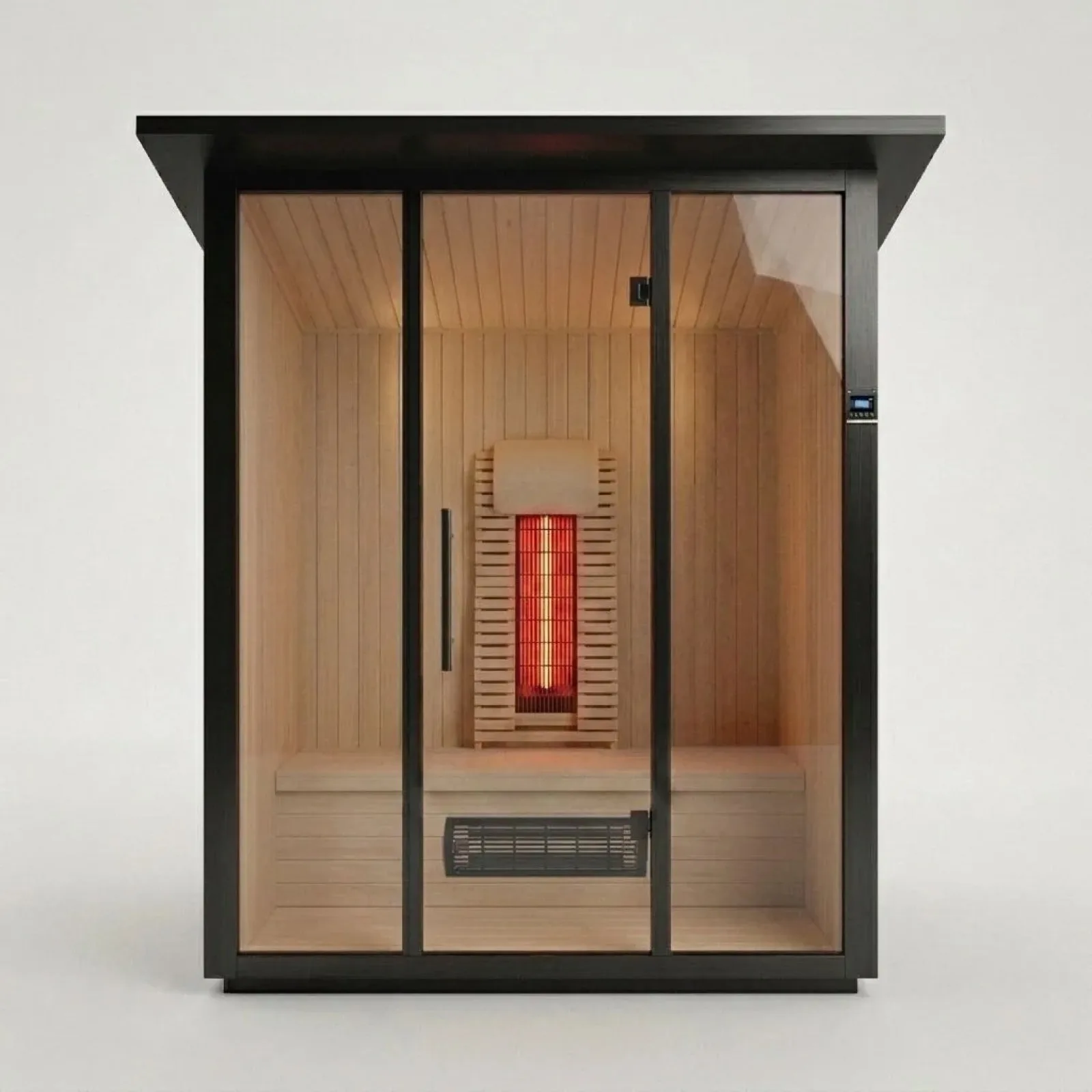 Kızılötesi sauna kabini, siyah çerçeveli cam kapı