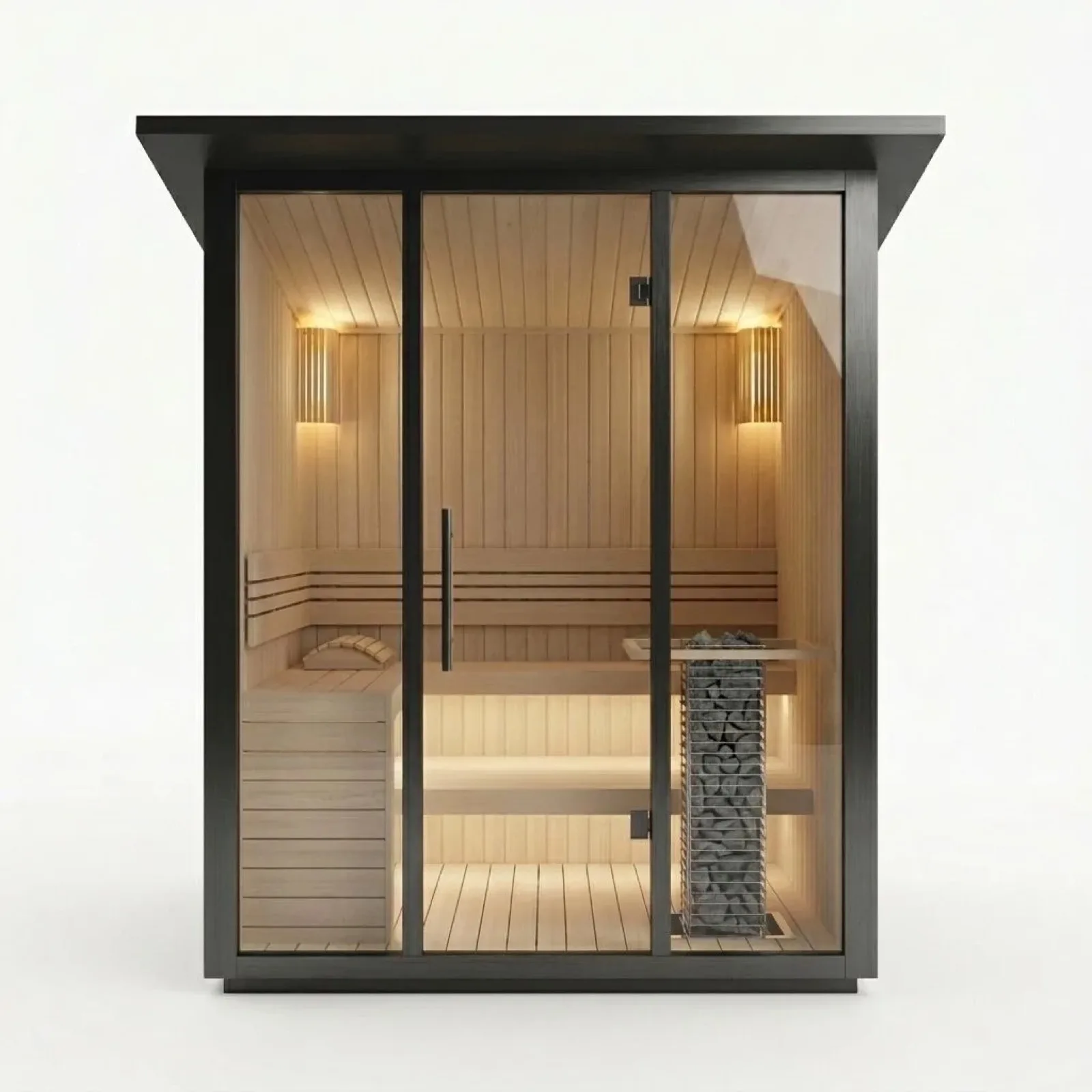 Sauna kabini, siyah profilli cam cephe, ürün görseli