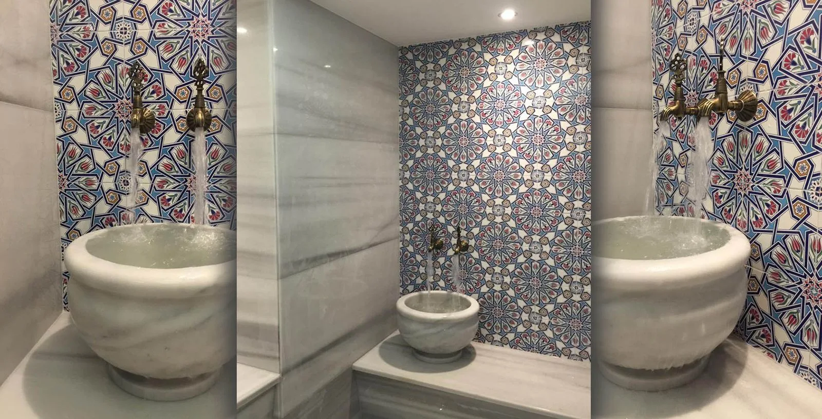 Four Seven Hotel hamamı, çini panolu duvar ve mermer kurnalar