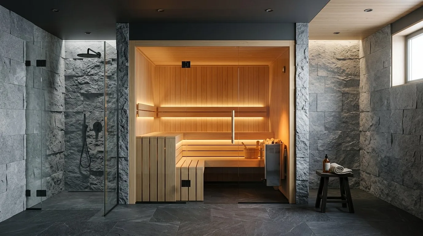 Taş duvarlı nişte ahşap sauna kabini, yanında cam duş