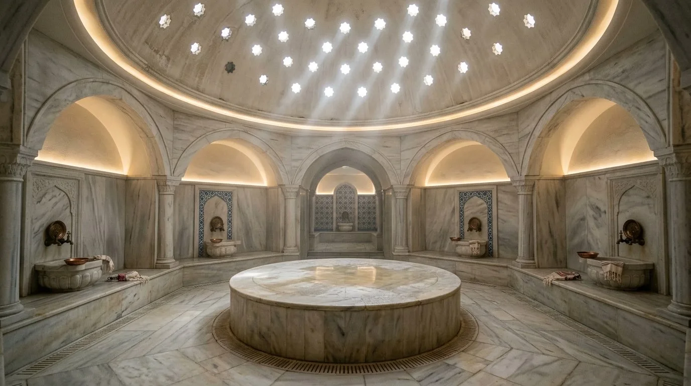 Kubbeli hamam, delikli tepe pencereleri ve yuvarlak göbektaşı