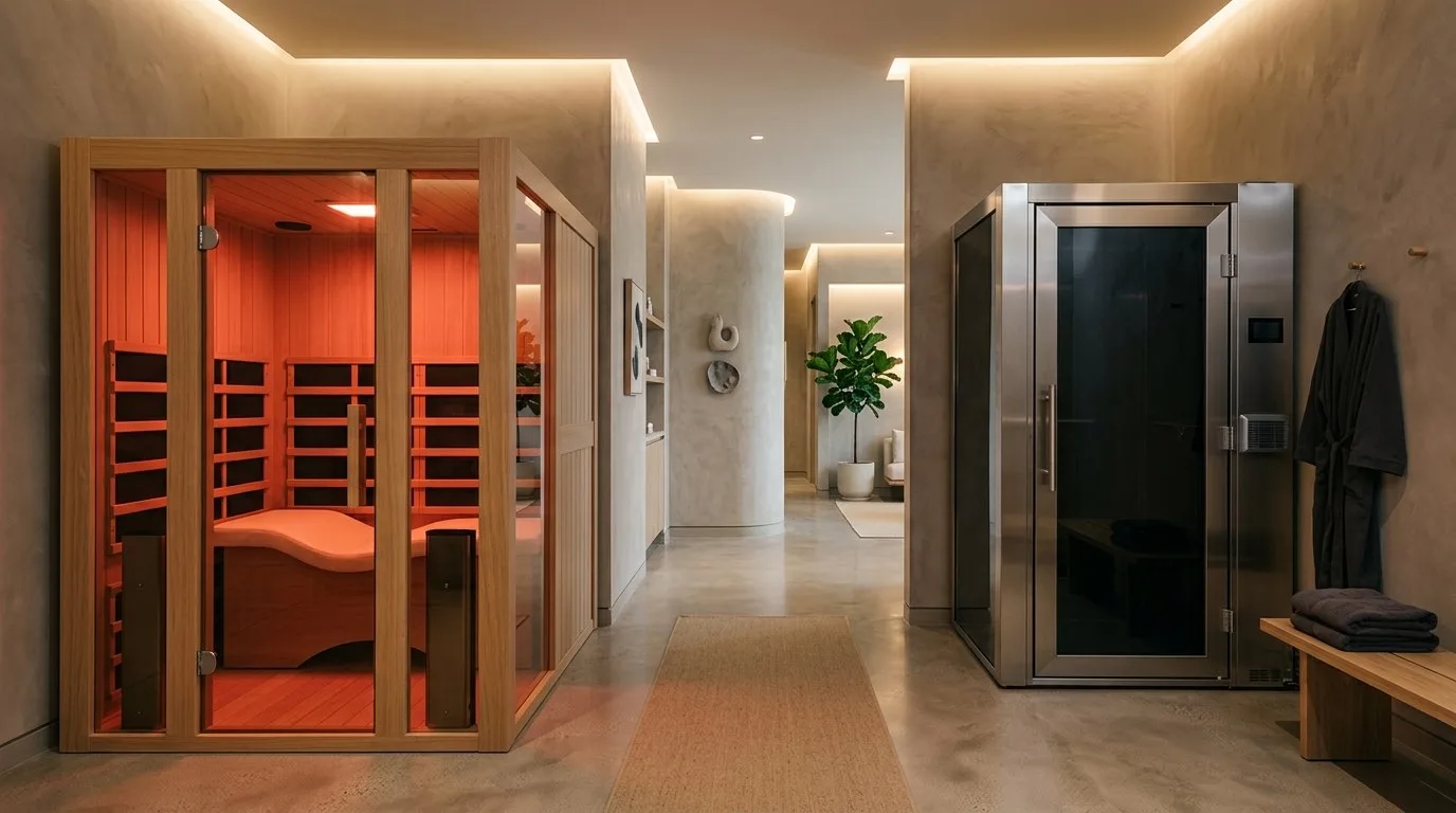 Koridorda yan yana kızılötesi sauna ve kriyoterapi kabini