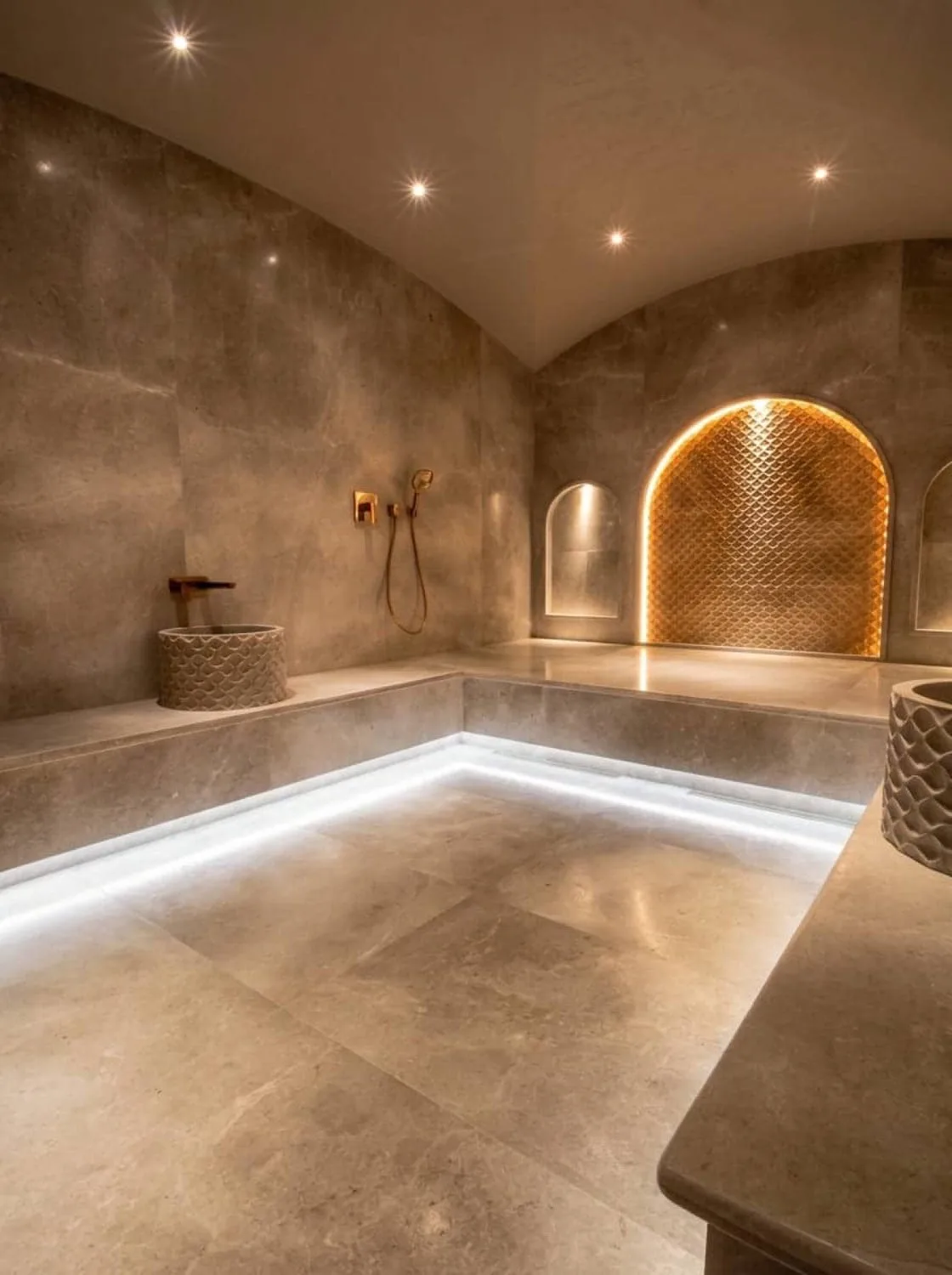 Emirates Hills villasında hamam, kemerli nişler ve mermer kurnalar