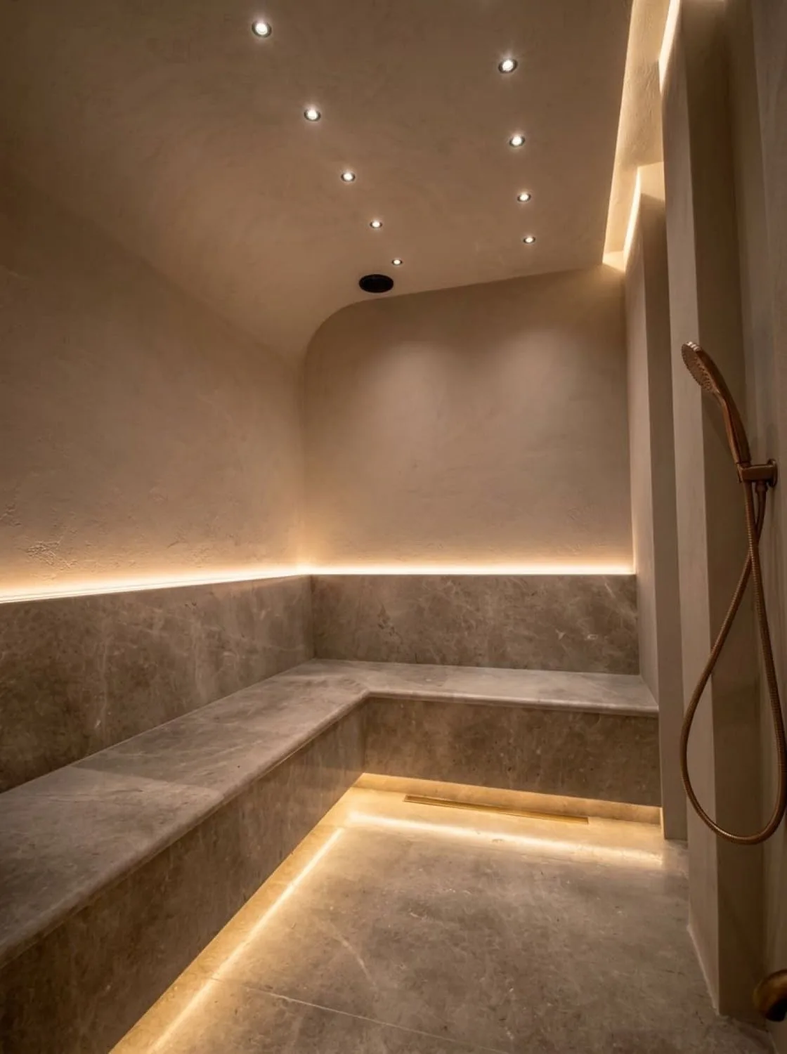 Emirates Hills villasında hamam sedri, gizli LED aydınlatma