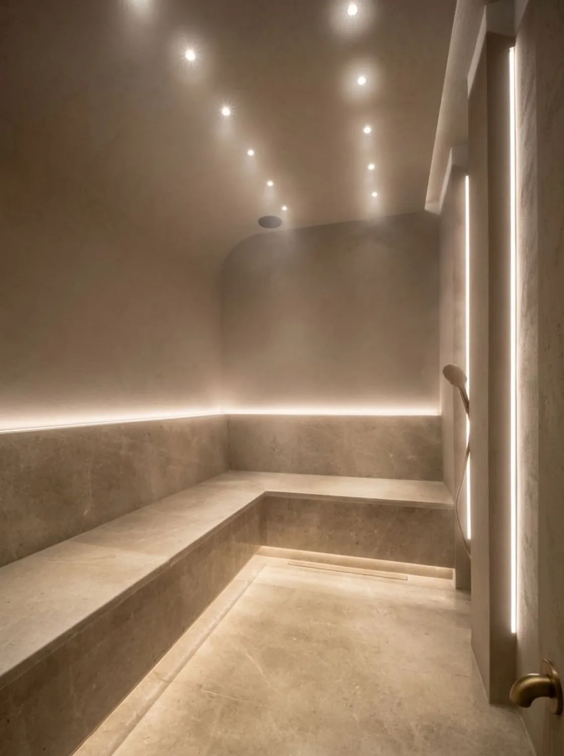 Emirates Hills villasında hamam, mermer sedir ve ışıklı zemin hattı