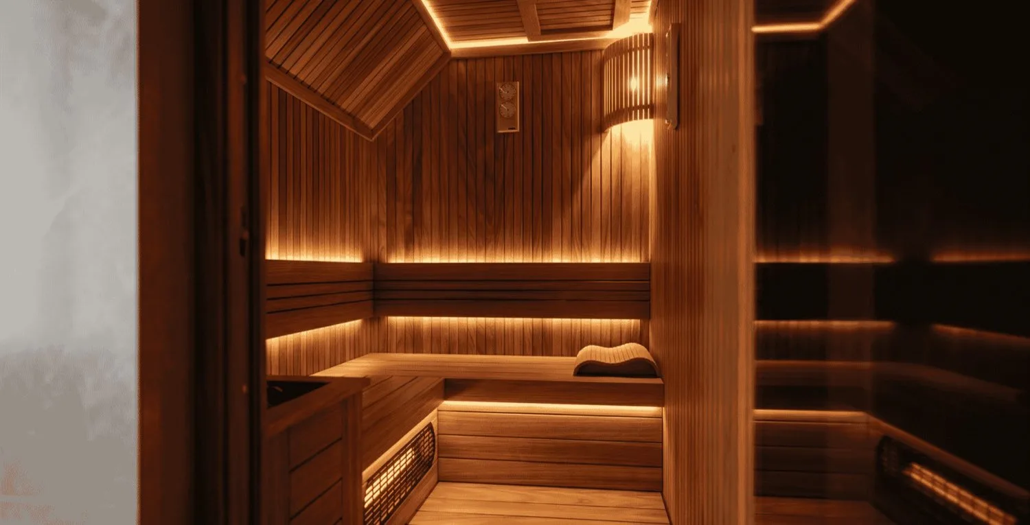 Jumeirah Golf Estates villasında sauna, kızıl ahşap bank