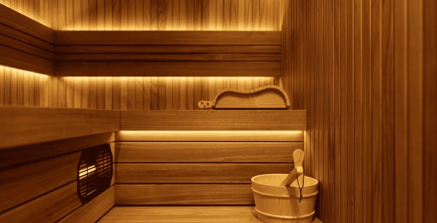 Jumeirah Golf Estates villasında sauna, ahşap kova ve bank
