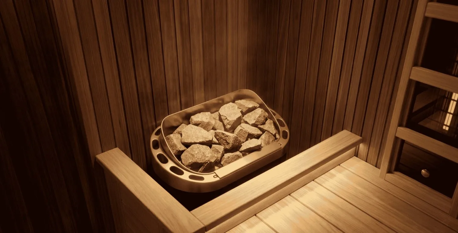 Sauna içi, taş dolu ısıtıcı ve koyu ahşap kaplama