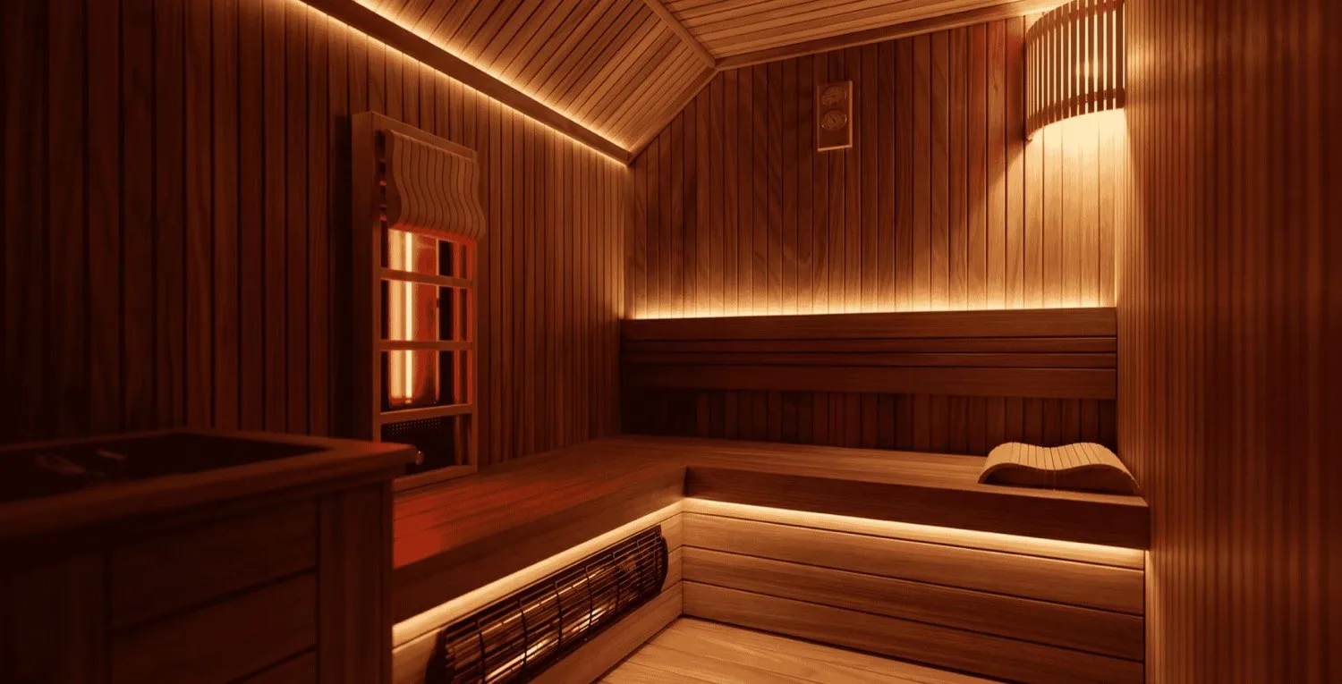 Kızılötesi sauna kabini, ahşap tavan ve ısı panelli duvar