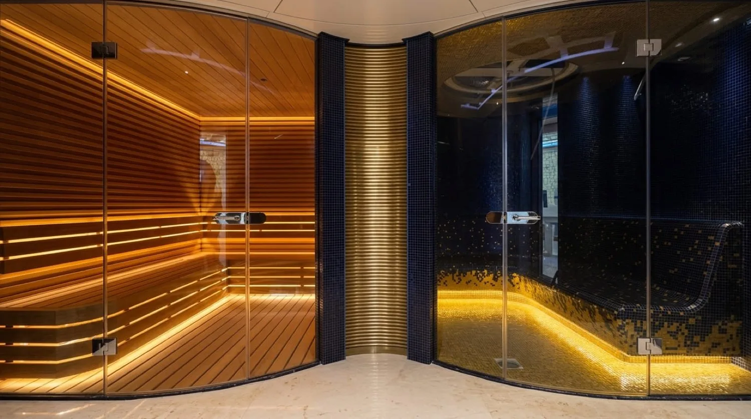 Süperyat spasında kavisli ahşap sauna, cam bölme ve pirinç kolon