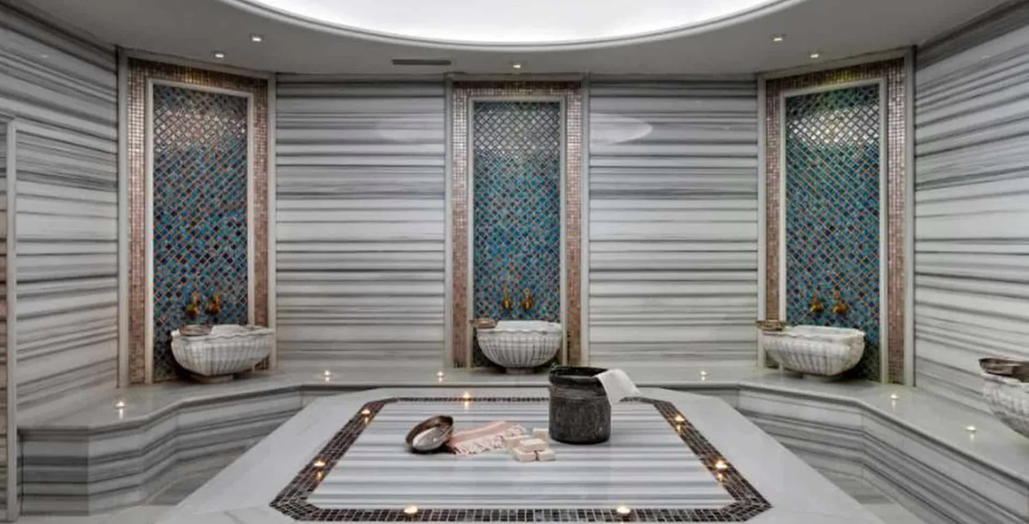 Hamam, mozaik panolu nişler ve ortada dikdörtgen göbektaşı