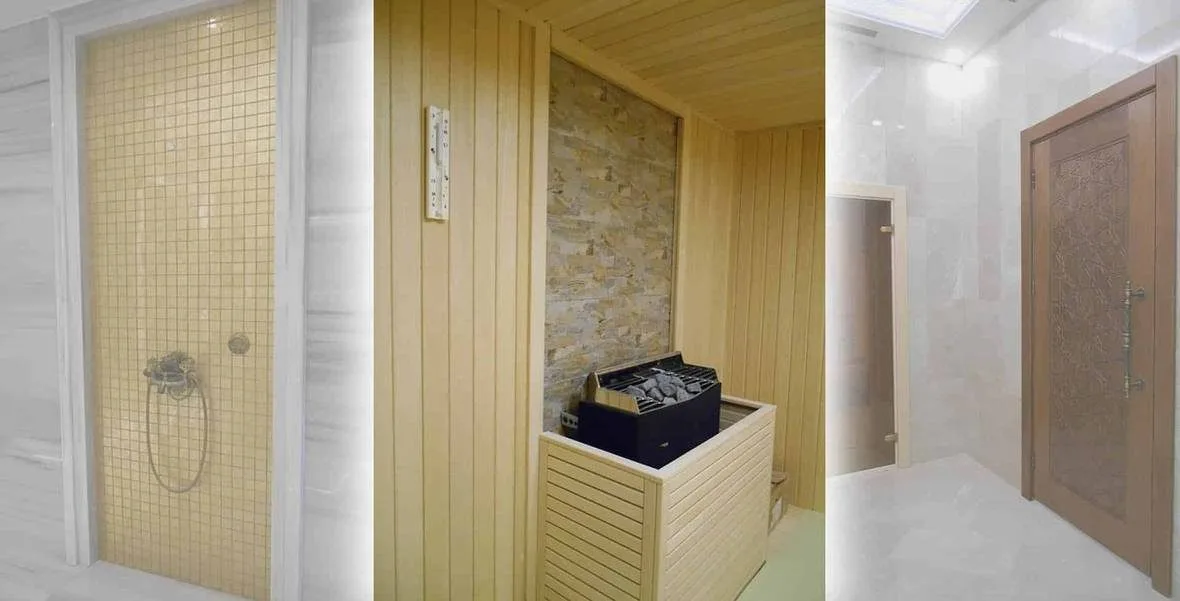 Yelken Hotel ıslak hacmi, sauna kapısı ve mermer duvar