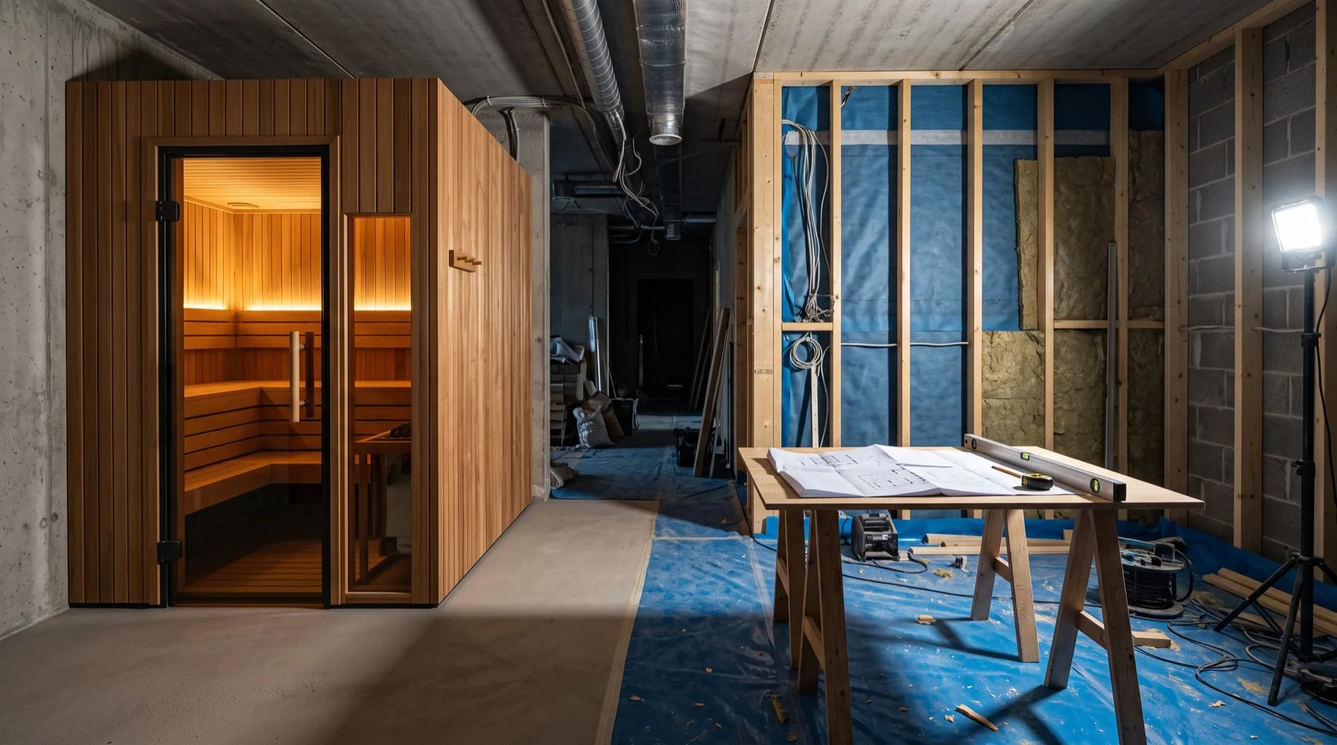 Ahşap kaplı sauna kabini ve yanında çalışılan şantiye alanı