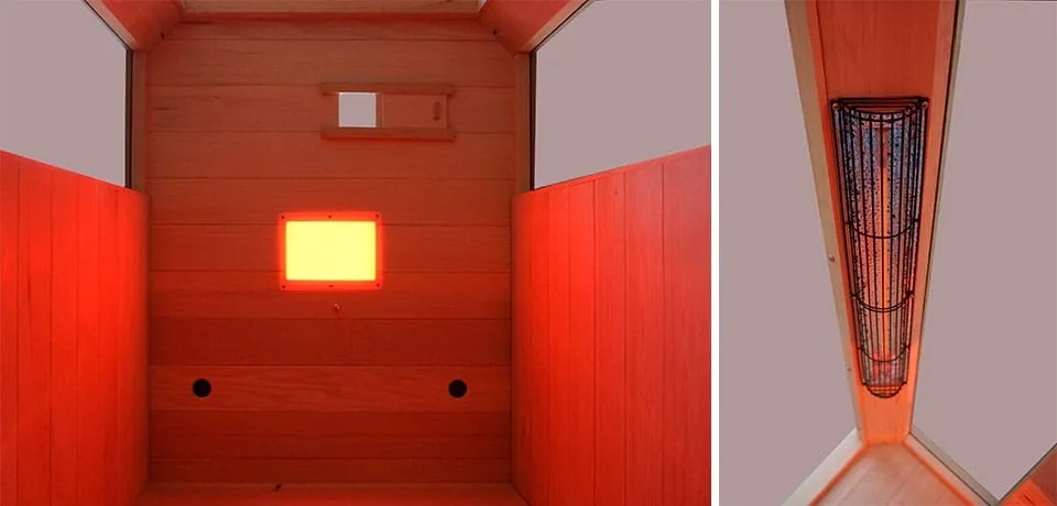 Wellis Helios Hemlock sauna, kırmızı ışıklı iç ve panel detayı