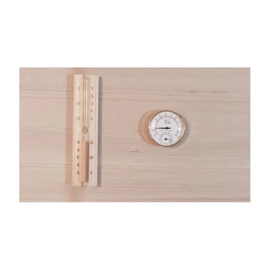 Sauna duvarında termometre, higrometre ve saat seti