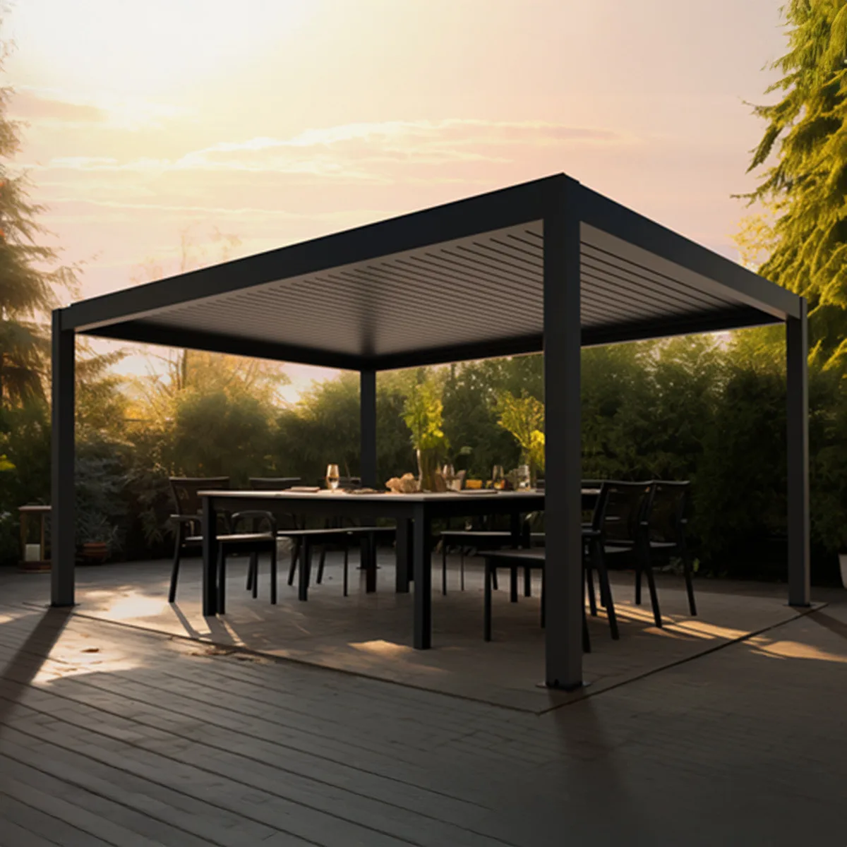 Wellis MotionFlex 400 bioklimatik pergola, akşam terasında